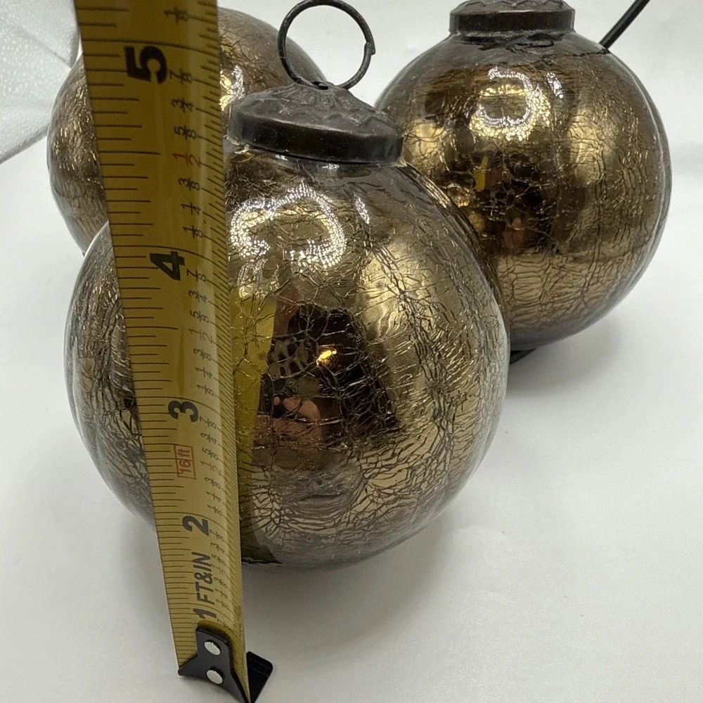 VTG Kugel Style Dark Gold Mercury Crackle Glass Christmas Ornaments Set Of 4